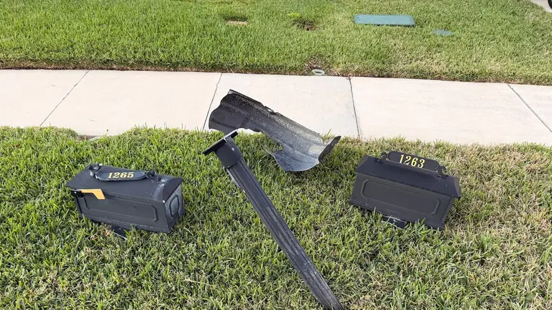 Mailbox post and bracket knocked down and broken on a front lawn